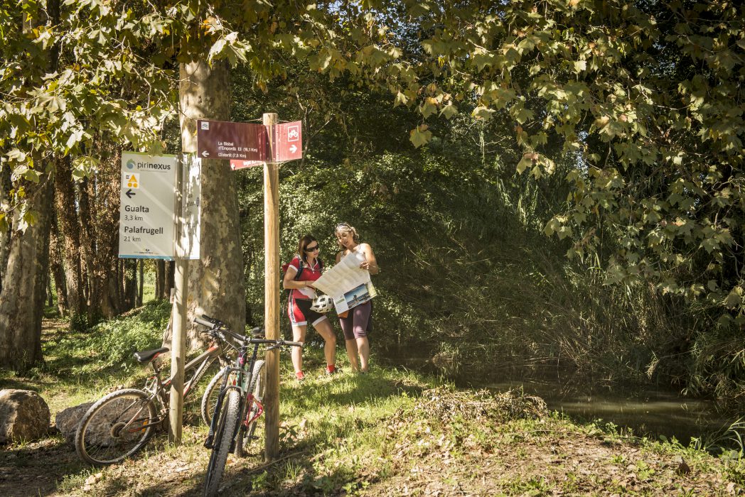 Cyclists checking a map in the Baix Empordà Route