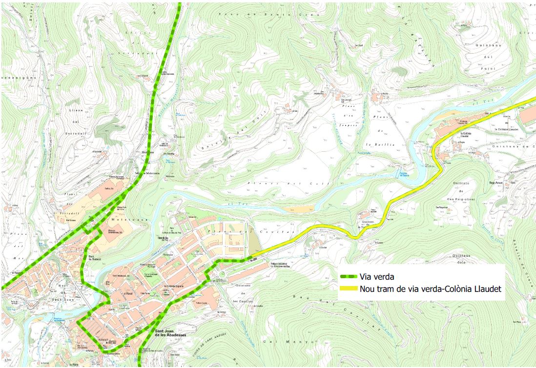 Mapa detallat de la via verda a l'interior de Sant Joan de les Abadesses i fins a la Colònia Llaudet, vista sobre plànol