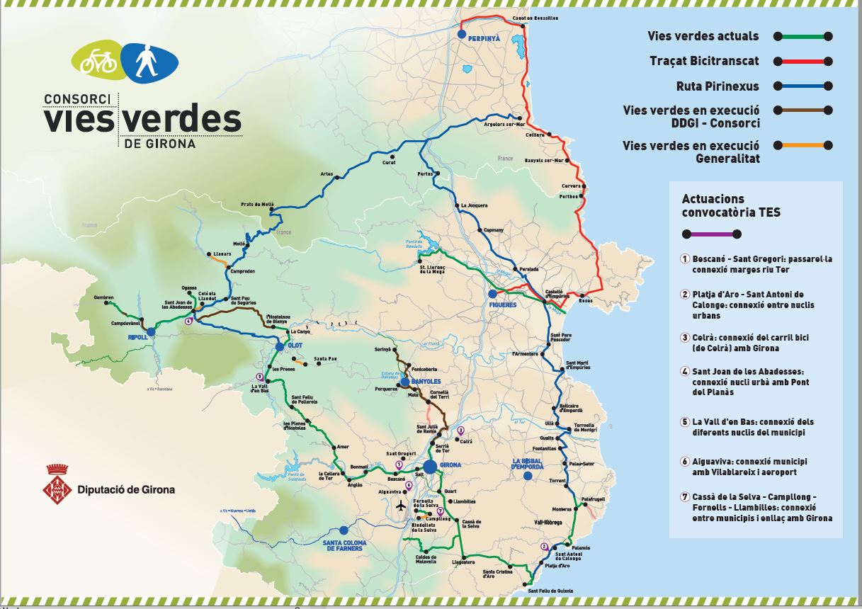 mapa amb totes les rutes de Vies verdes, Pirinexus, BiciTransCat i projectes finançats pel Feder 2019