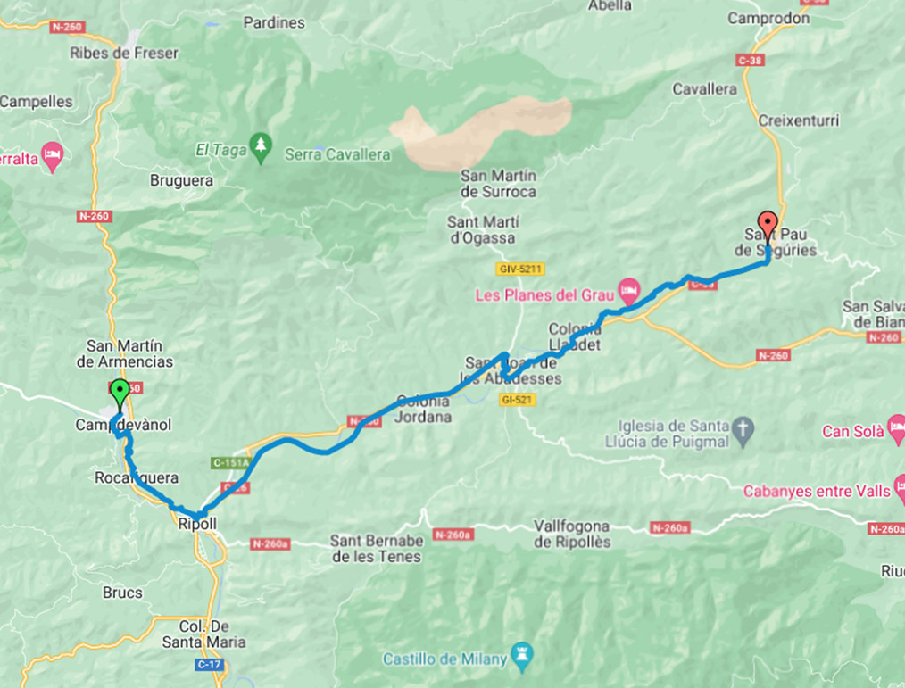 Mapa ruta vies verdes del Ripollès