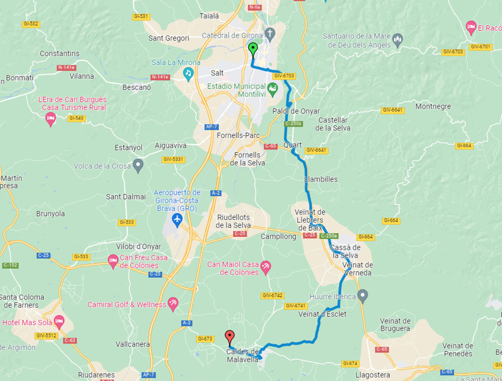 Mapa ruta pedalant entre sureres i aigües termals